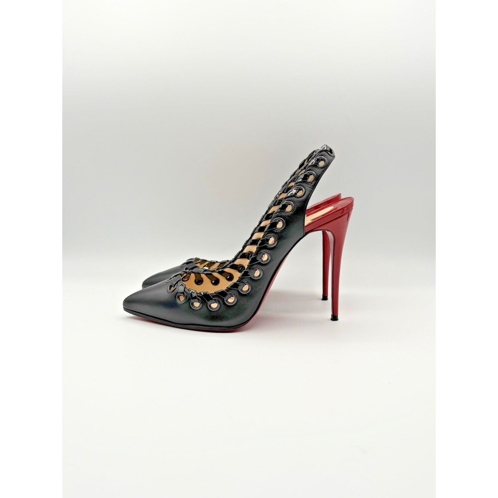 Christian Louboutin Black & Red Ostri Whipstitch Slingback Heels Size EU 38.5 - Picture 2 of 11